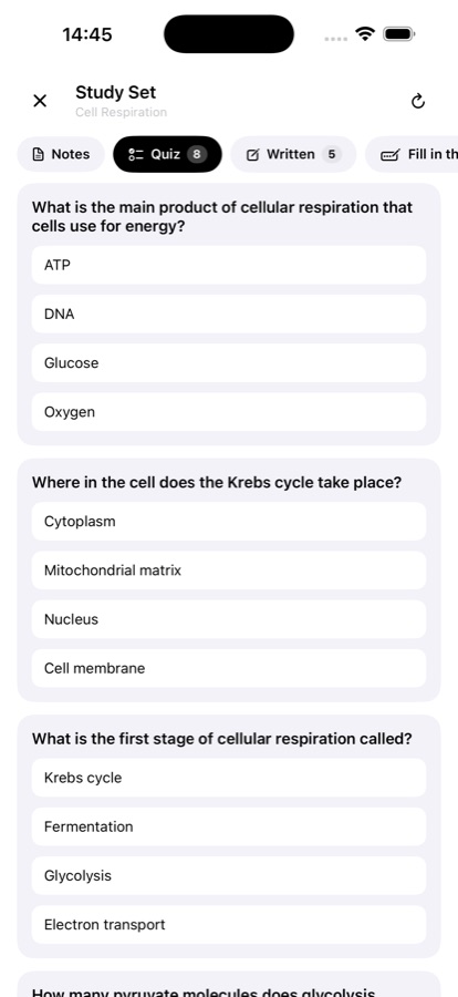 Study set with quiz, written and fill in the blank tabs